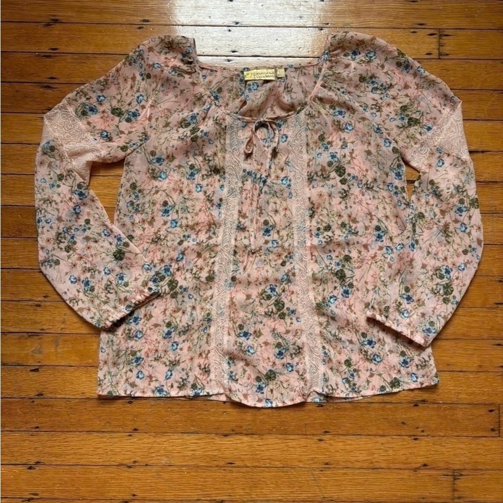 Princess Vera Wang XS Pink Blue Floral Lace Sheer Chiffon Long Sleeve Blouse